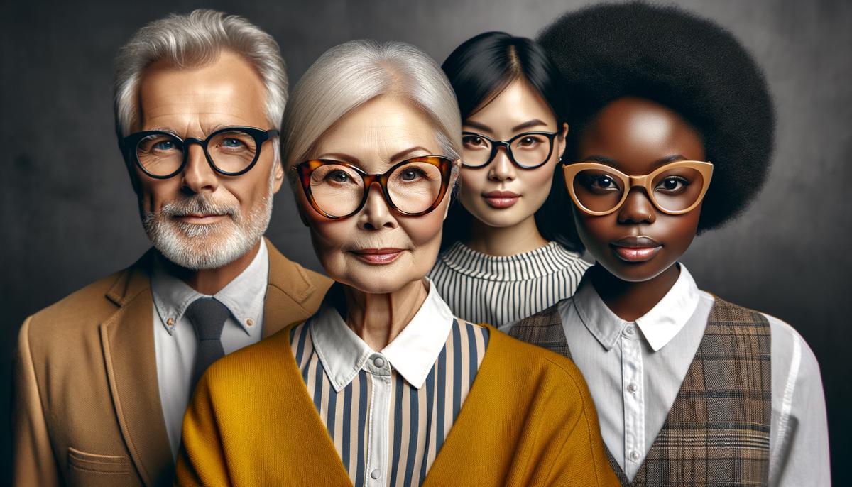 A group of diverse modern people wearing various styles of horn-rimmed glasses