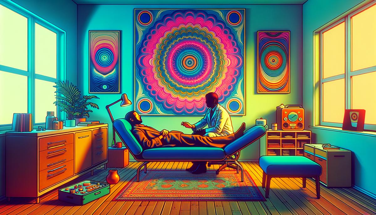 A modern psychedelic therapy session in a comfortable clinical setting, with a therapist and patient