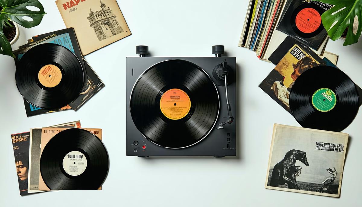 A contemporary record player with vintage-inspired design, surrounded by both classic and modern vinyl records