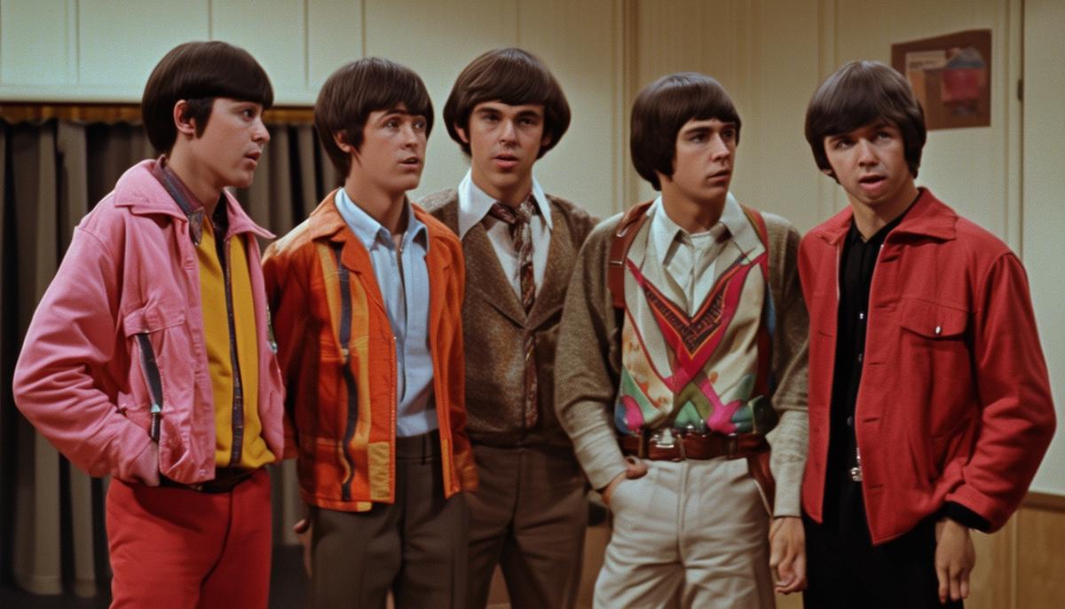 Recreation of The Monkees audition scene with hopeful young men in 1960s attire