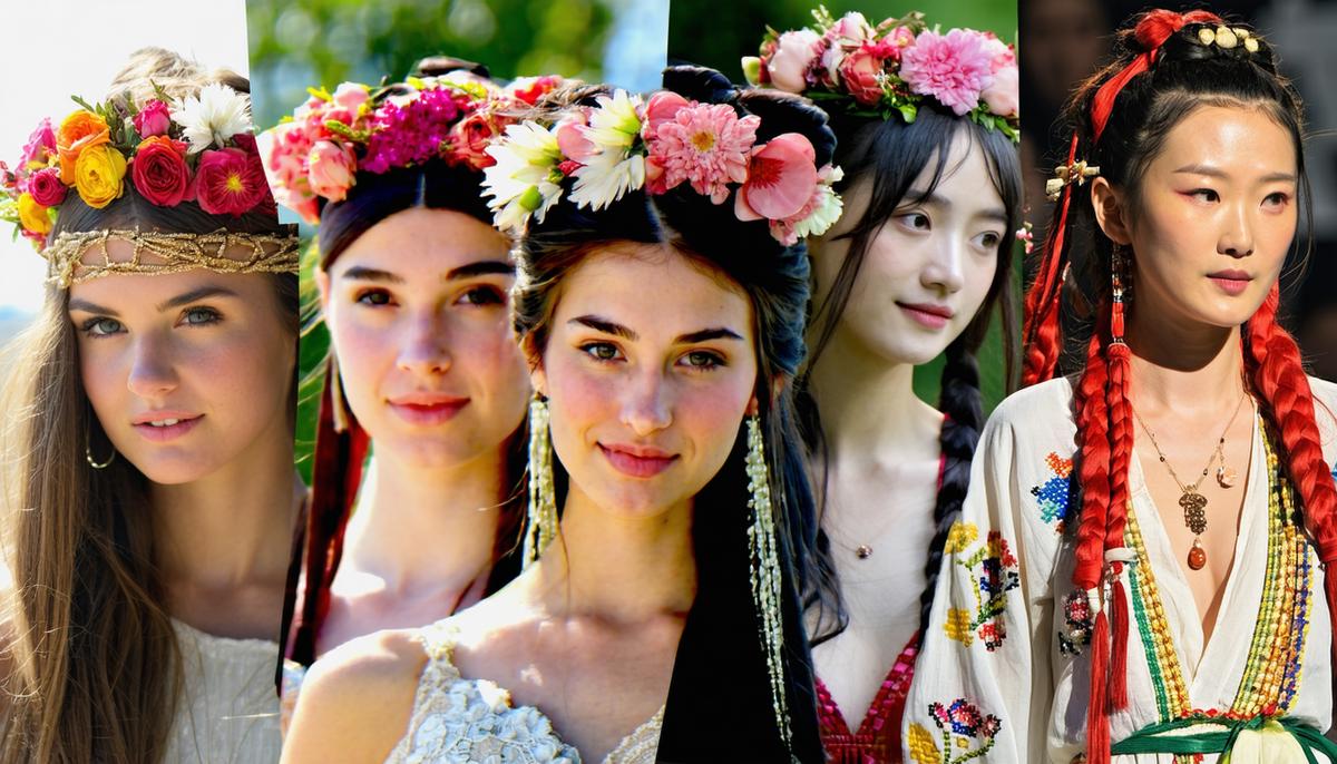 A collage showing different cultural interpretations of flower crowns, including Greek, Chinese, and 1960s hippie styles