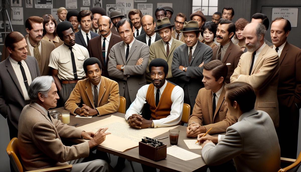 A group of diverse 1960s filmmakers, including Sidney Poitier, discussing a film script