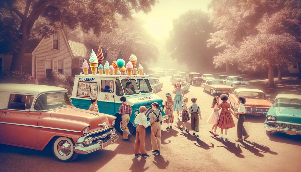 A nostalgic blend of 1960s summer elements including an ice cream truck and children playing