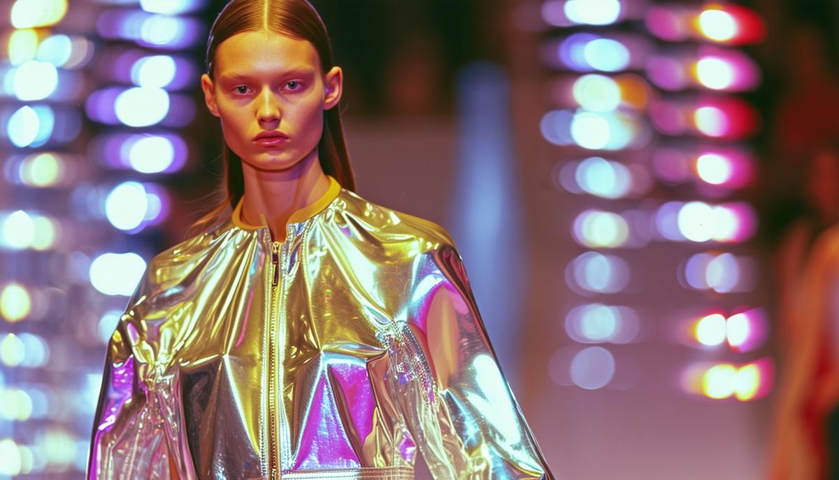 A model wearing a futuristic Paco Rabanne dress made of shiny PVC material on a 1960s runway