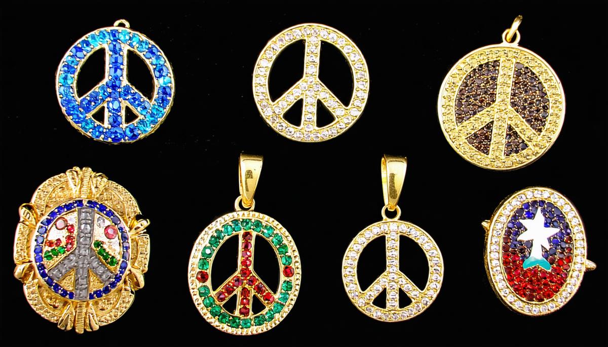 A collection of various peace sign jewelry pieces from the 1960s