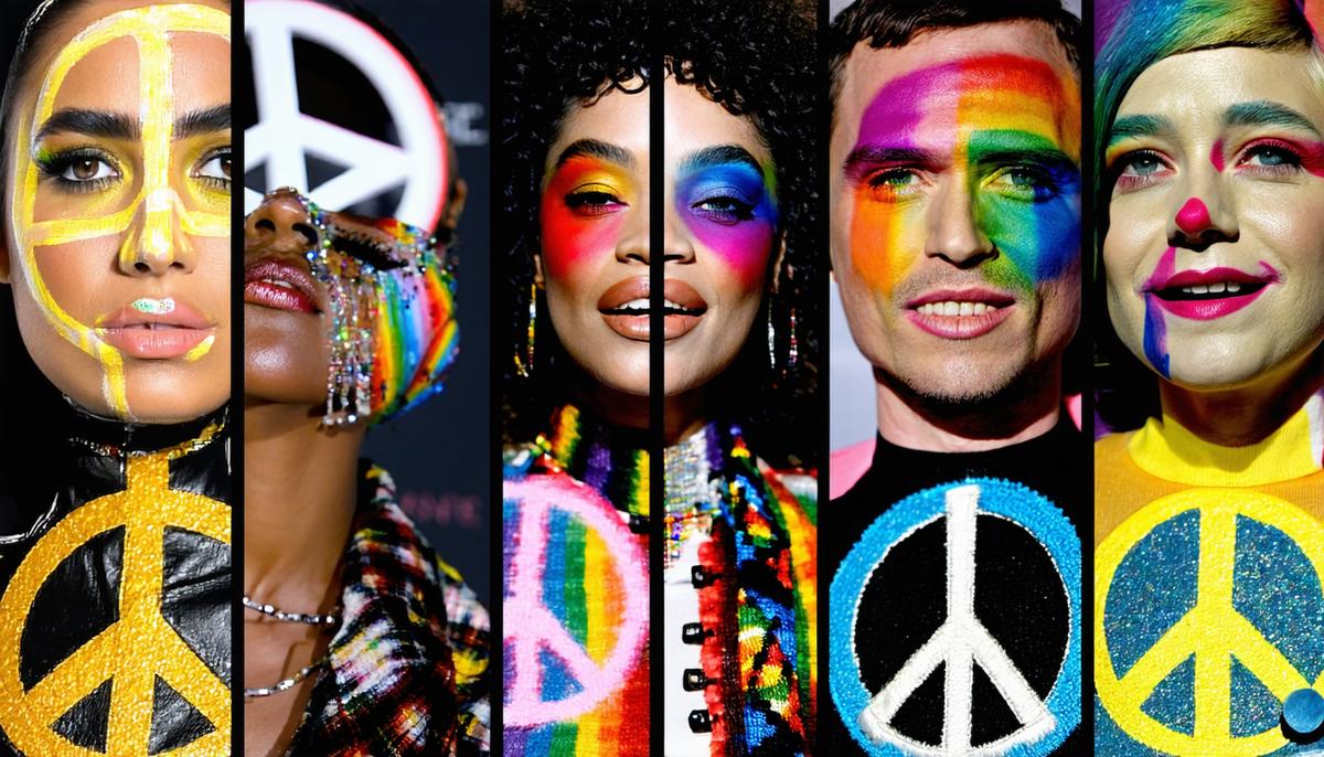 Collage of peace symbol appearances in fashion, music, and movies