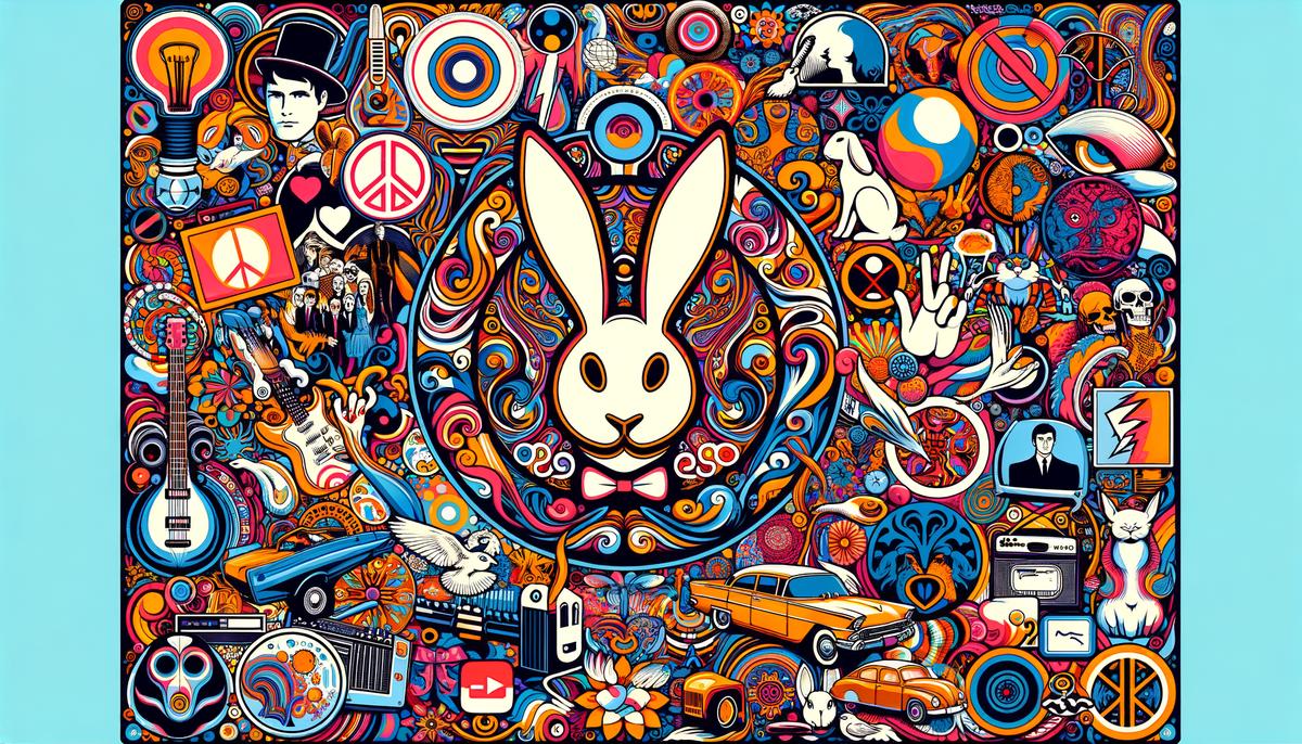 A collage of 1960s cultural symbols surrounding the Playboy bunny logo, representing the magazine's impact on the sexual revolution