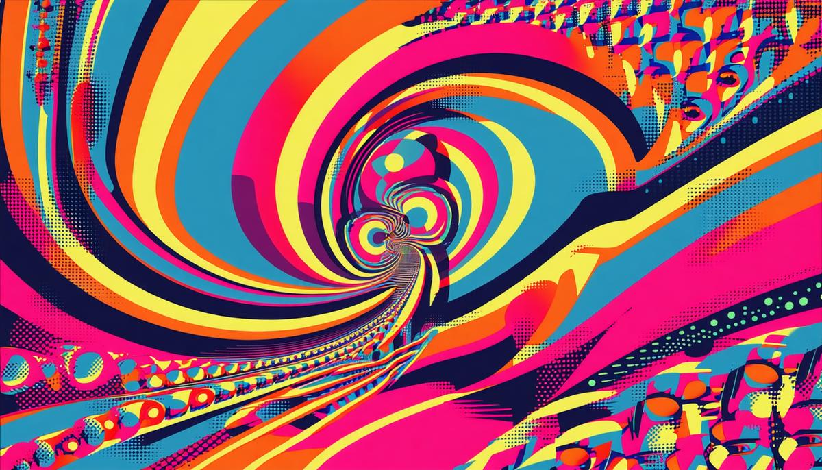 A split image showing 1960s psychedelic posters next to modern digital designs inspired by the style