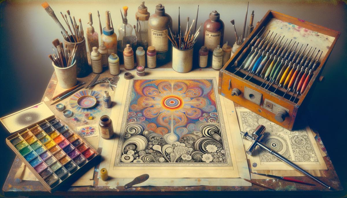 A work table showing various stages of psychedelic poster creation, including sketches, color tests, and airbrushing