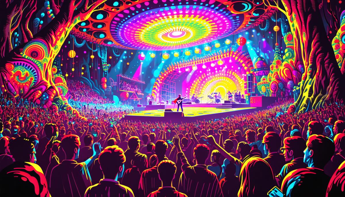 A colorful, trippy scene of a psychedelic rock concert in the late 1960s