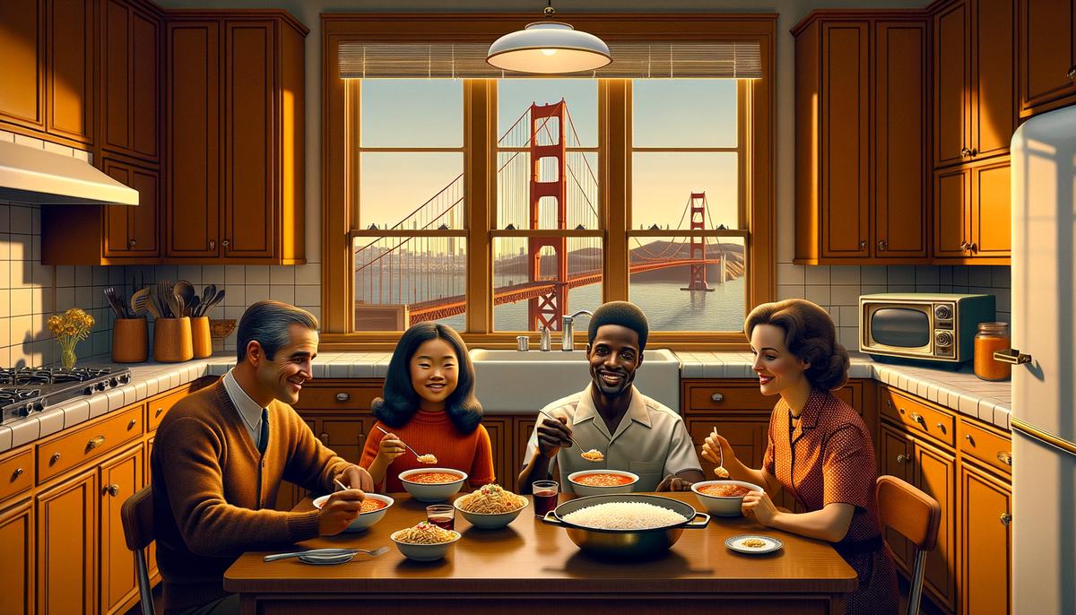 A 1960s kitchen scene with a family enjoying Rice-a-Roni, with a view of San Francisco's iconic cable cars and Golden Gate Bridge through the window