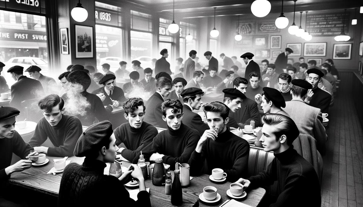 A smoky San Francisco coffeehouse in the 1950s filled with Beatniks engaged in lively discussions