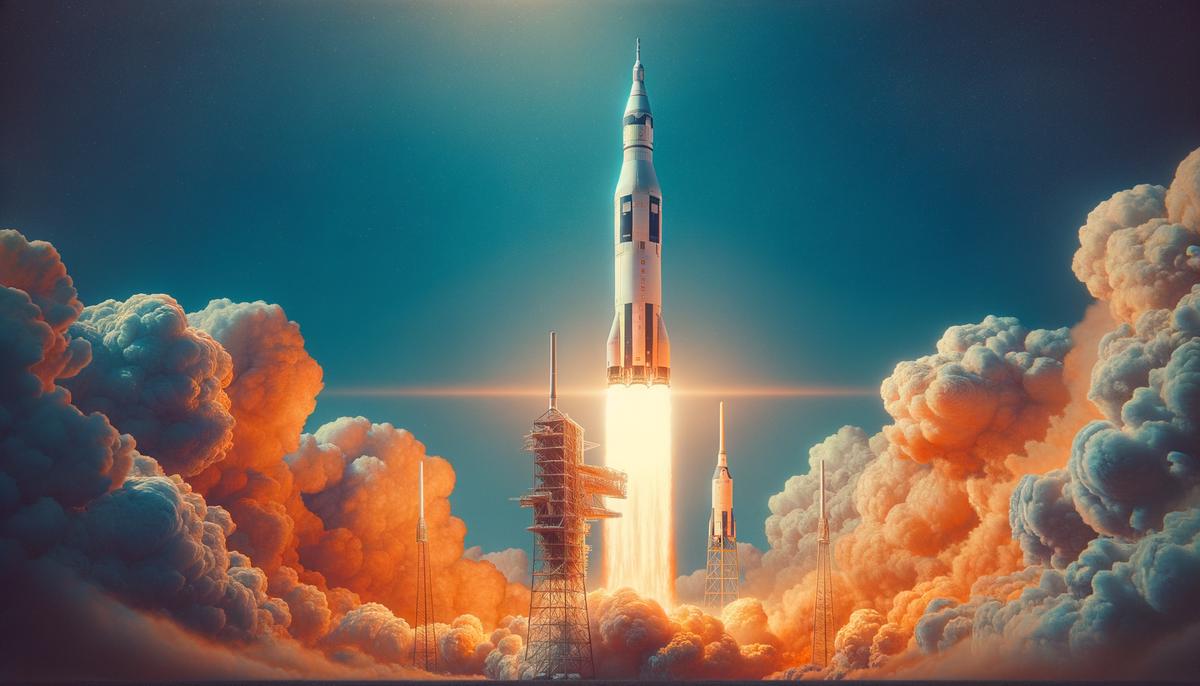 Saturn V rocket launching with flame and smoke, against blue sky
