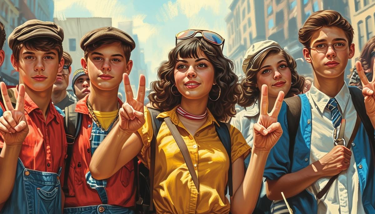 A group of young protesters in 1960s attire holding peace signs and banners