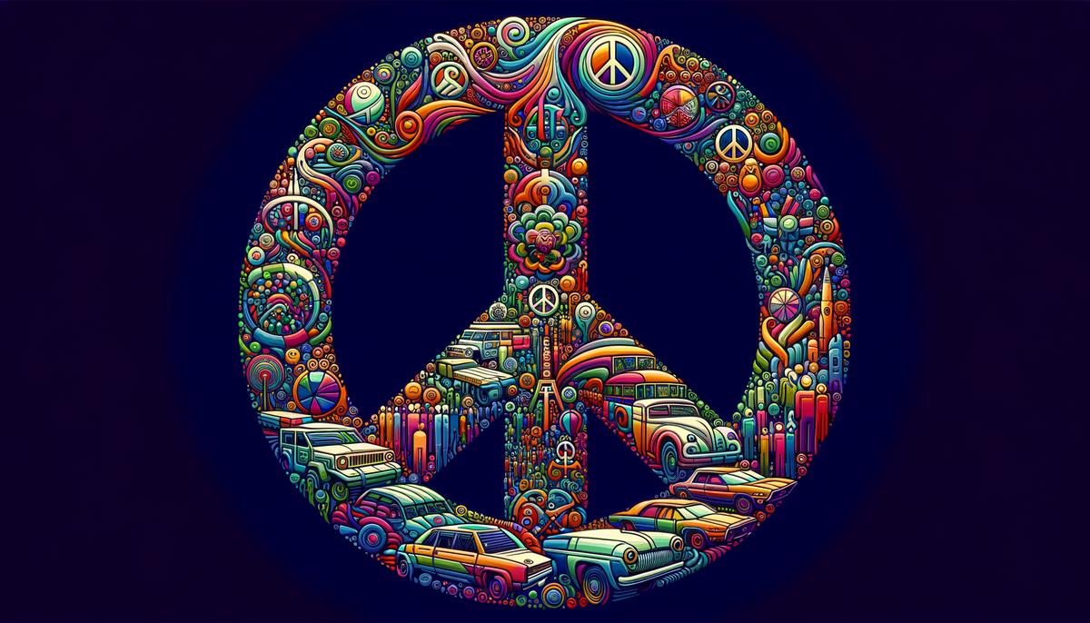 A large peace symbol with 1960s imagery representing the aftermath of the Cuban Missile Crisis