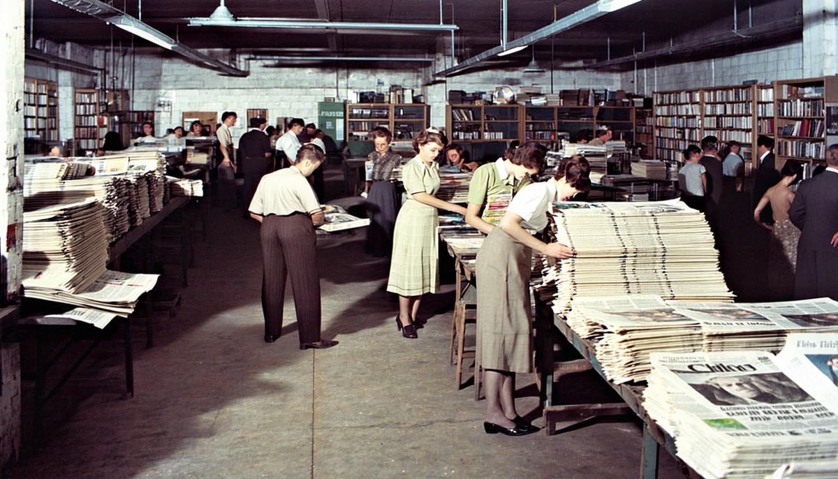 A bustling 1960s print shop producing underground newspapers