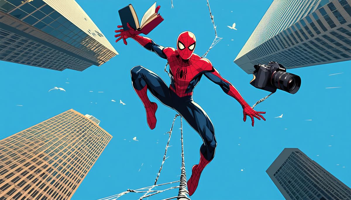 Spider-Man balancing on a web line between skyscrapers, juggling textbooks and a camera