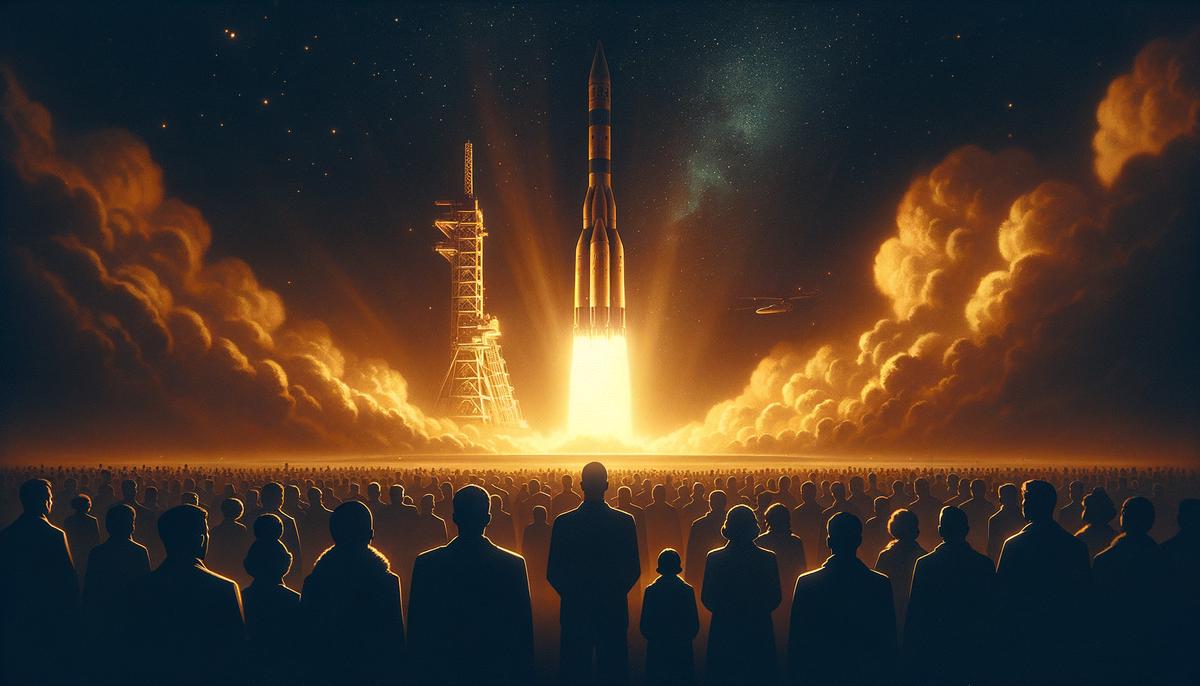 A dramatic nighttime launch of the R-7 rocket carrying Sputnik 1 into orbit, with spectators watching in awe