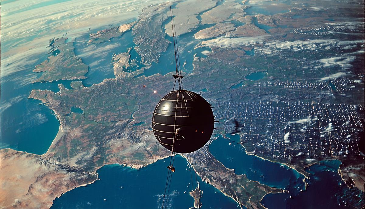 Sputnik satellite orbiting Earth, with 1950s cityscape visible below