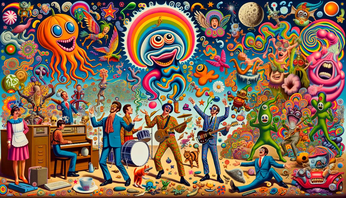 A surrealistic psychedelic poster by Stanley Mouse with whimsical characters