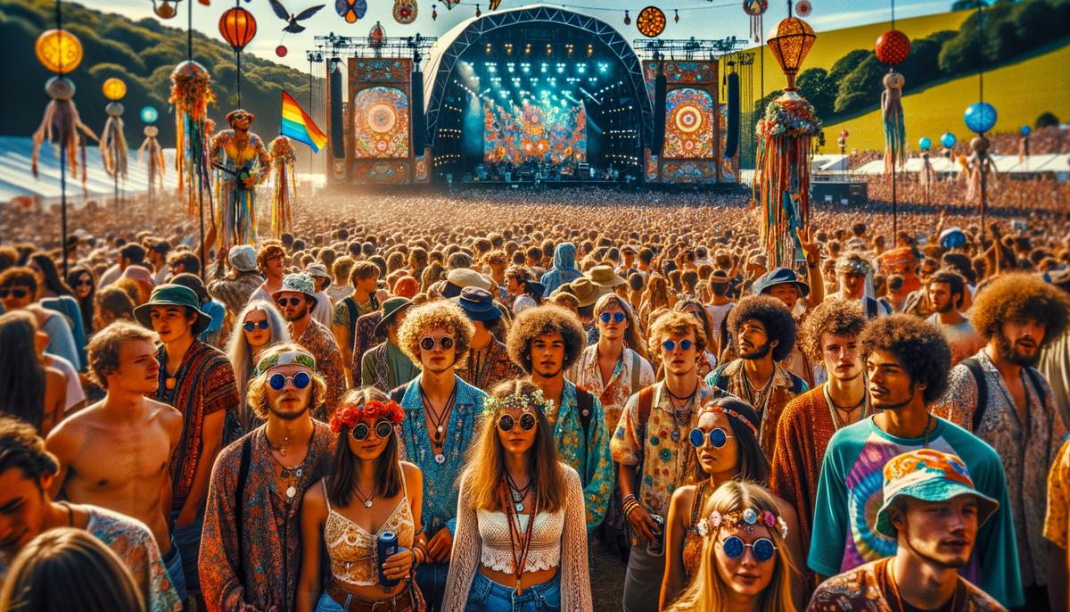 A modern music festival scene reminiscent of the Summer of Love, showing the enduring influence of 1960s counterculture