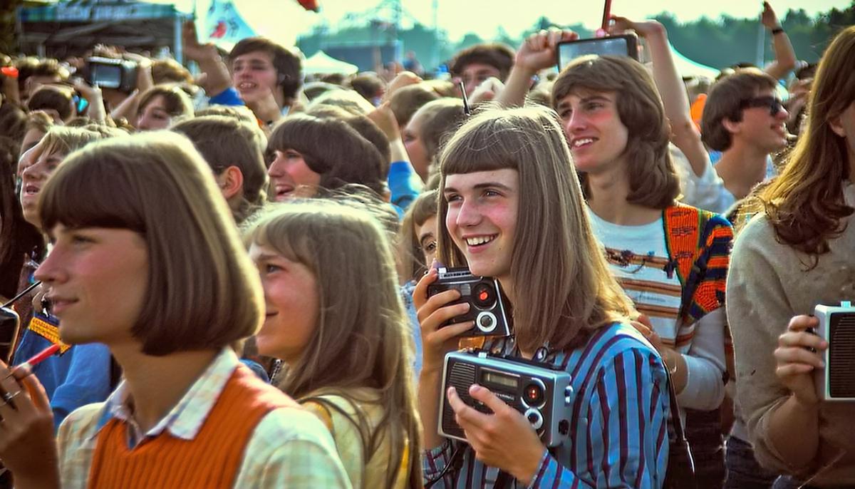 A crowd of young people at a 1960s music festival, many holding transistor radios and enjoying the atmosphere