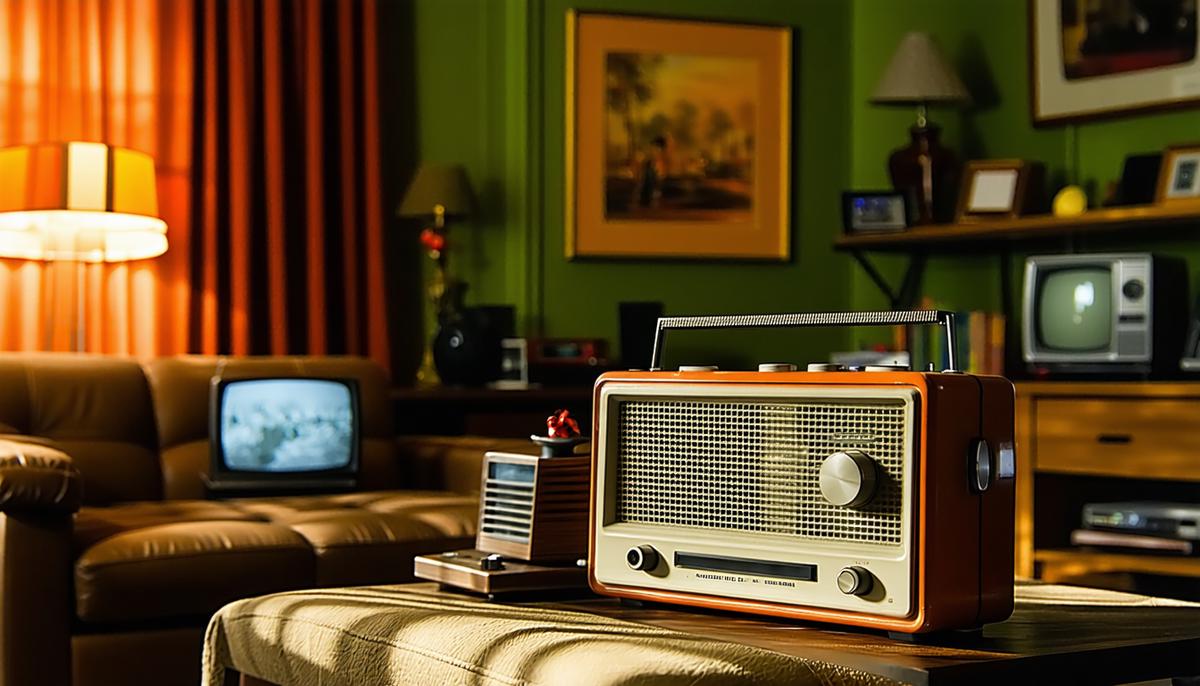 A 1960s living room scene with a transistor radio as the centerpiece, surrounded by cultural artifacts of the era