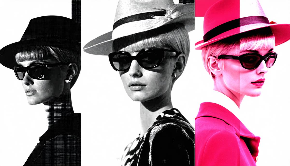 Montage of Twiggy's influence on 1960s culture, including fashion magazines, album covers, and street style