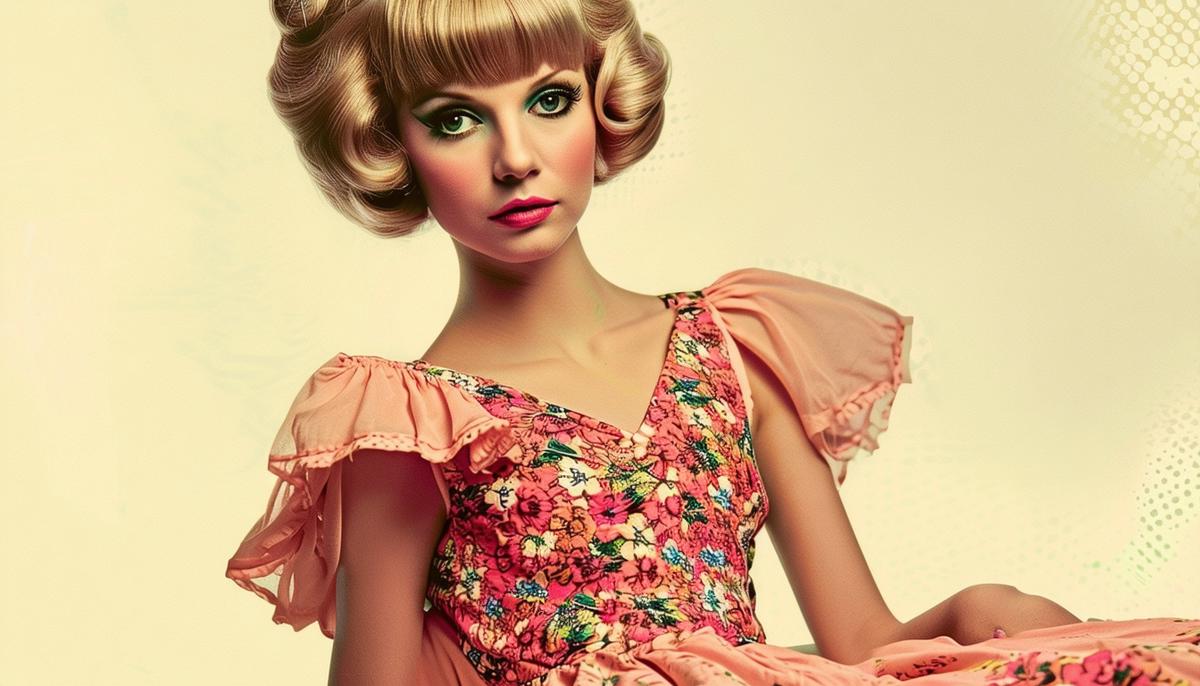 Twiggy modeling a playful babydoll dress in a 1960s fashion photoshoot