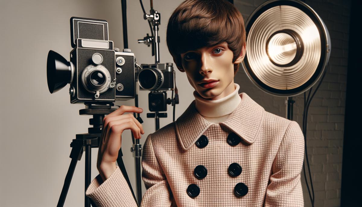 Twiggy during a 1960s fashion photoshoot, posing in a mod outfit