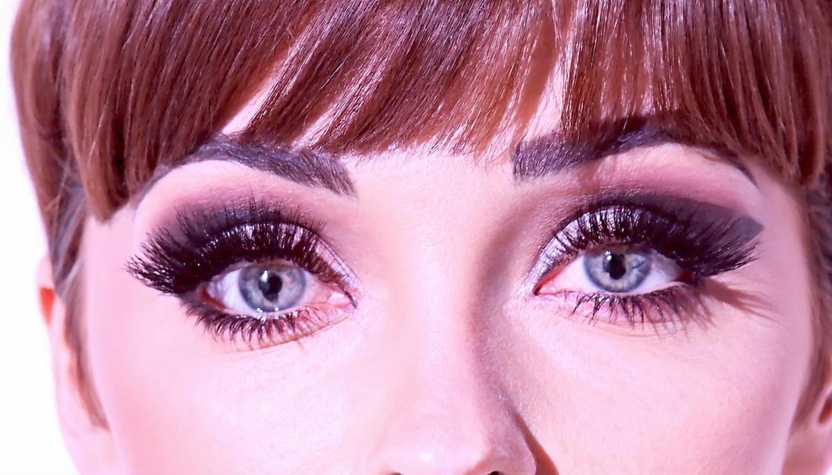 Close-up of Twiggy's face, showcasing her pixie haircut, large eyes with dramatic lashes, and minimalist makeup