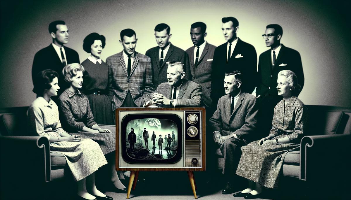 A 1960s family gathered around a TV showing The Twilight Zone, with their living room gradually transforming into a surreal landscape