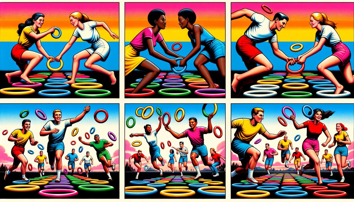 A collage showing the five game modes of Twister Hoopla, with people demonstrating each mode