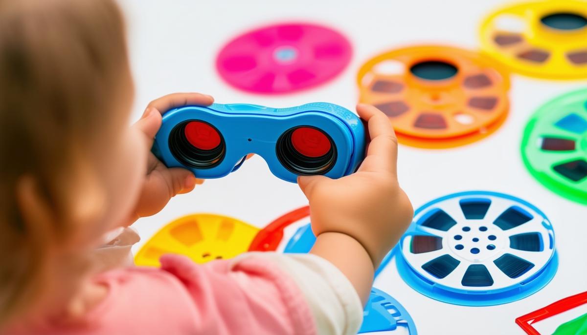 A child using a View-Master to look at educational reels, with entertainment reels visible nearby