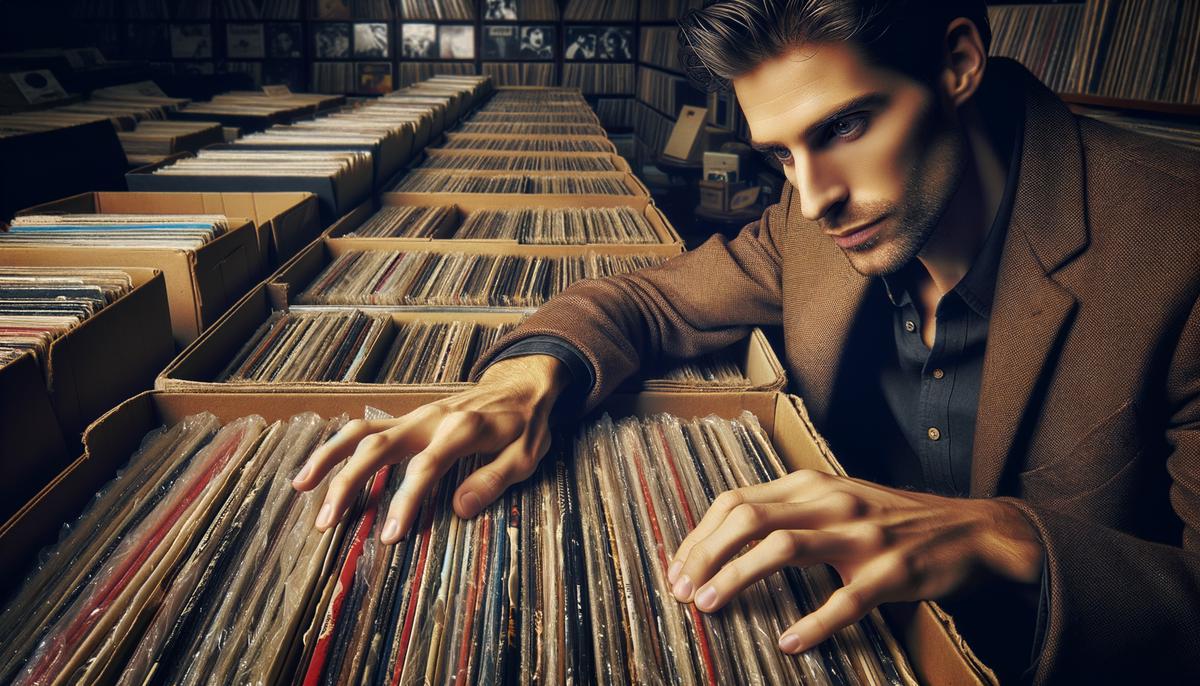 A vinyl collector searching through crates of 1960s records in a vintage record store