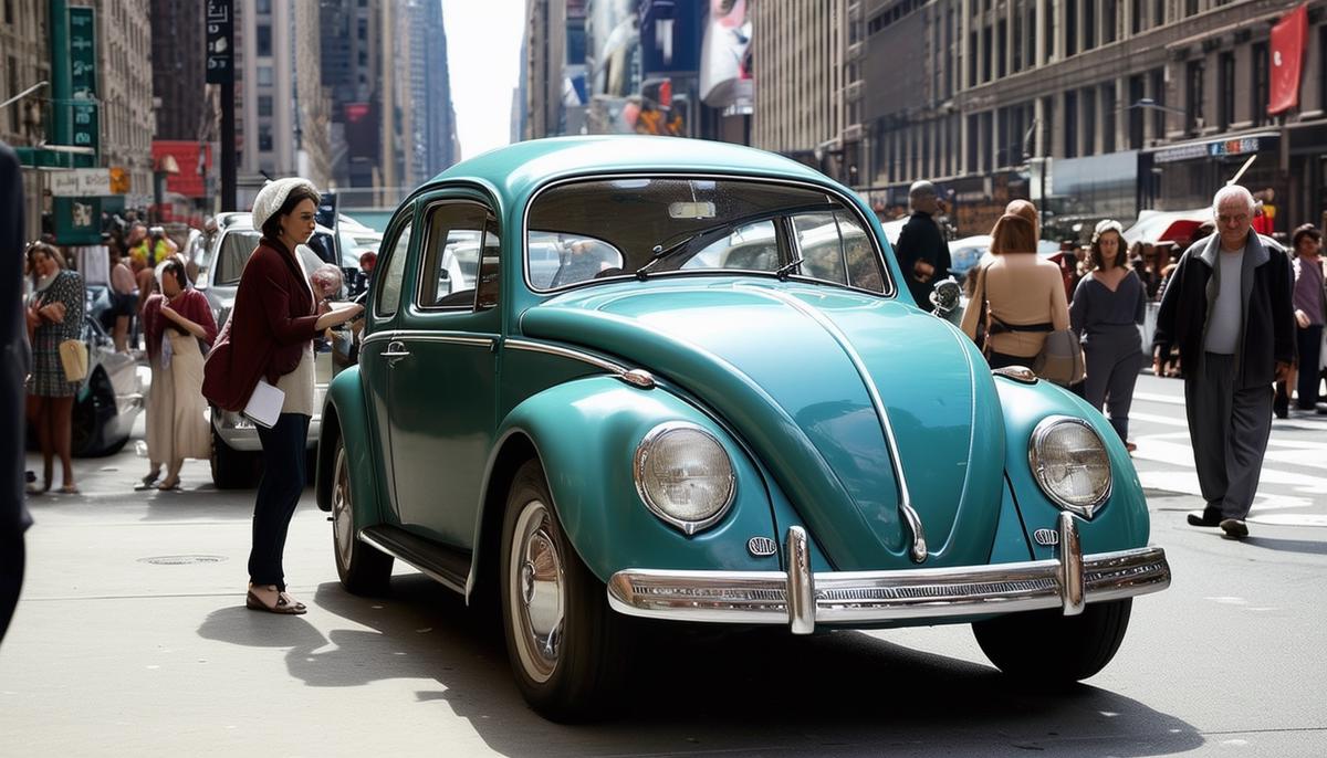 A 1949 Volkswagen Beetle parked on a bustling New York City street, drawing curious glances from passersby