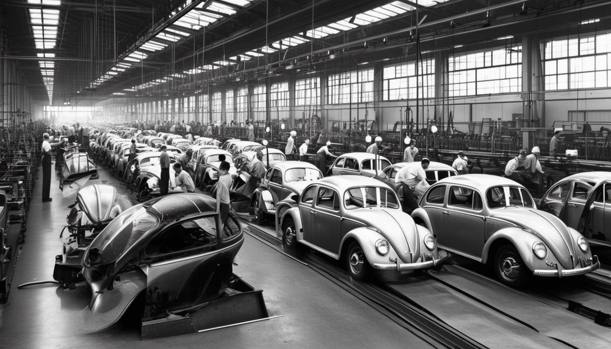 The Volkswagen factory in Wolfsburg, Germany, with workers assembling Beetles on the production line in the 1950s