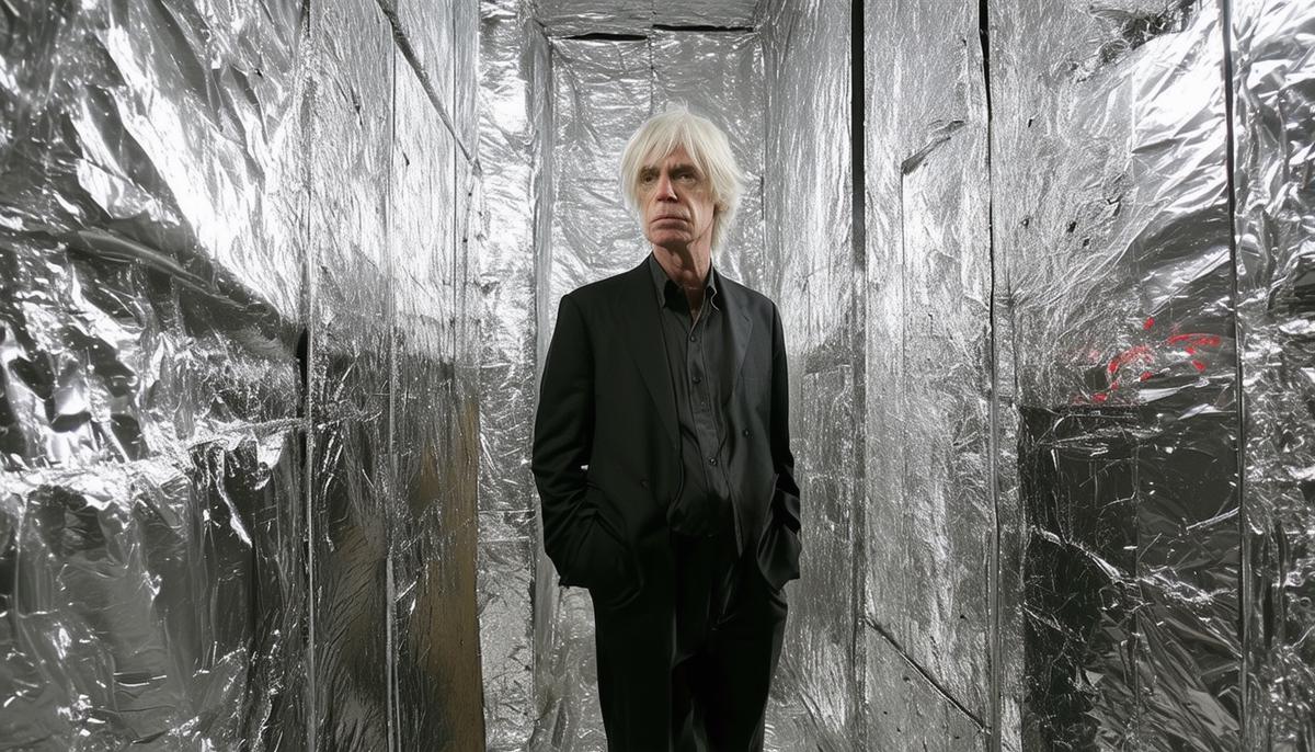 Andy Warhol standing in his first Factory on East 47th Street, surrounded by silver walls and foil-covered surfaces