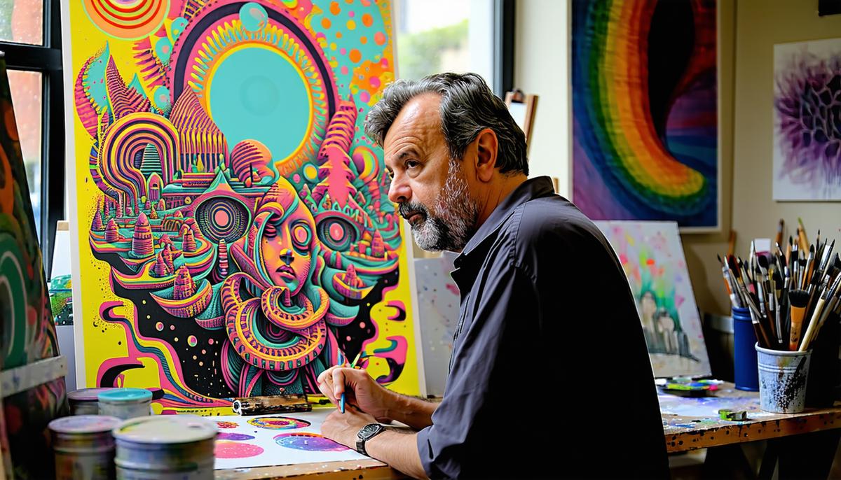 Wes Wilson working on a psychedelic poster in his studio, surrounded by art supplies and completed works