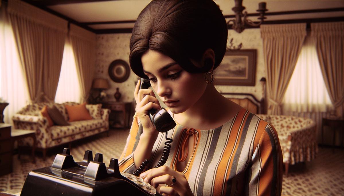 A woman in 1960s attire dialing a rotary phone with concentration