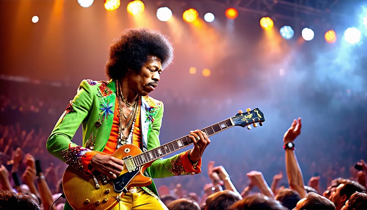 Jimi Hendrix playing guitar on stage at Woodstock 1969