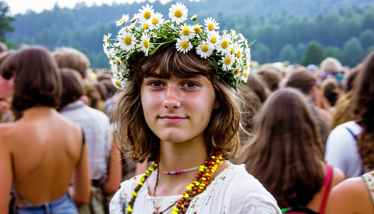 A young woman at Woodstock 1969 wearing a simple daisy chain crown, surrounded by a vibrant festival atmosphere