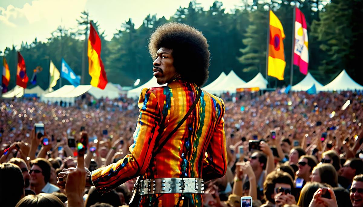 Jimi Hendrix performing on the main stage at Woodstock 1969 with a large crowd in front