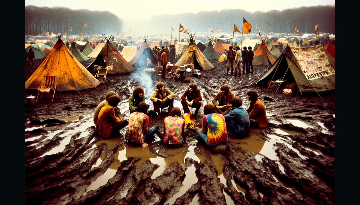A muddy campsite at Woodstock 1969 with tents and hippies enjoying the festival atmosphere