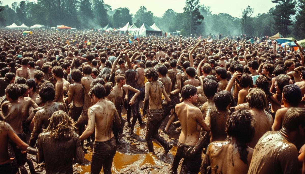 A large crowd at Woodstock dancing and celebrating in muddy conditions
