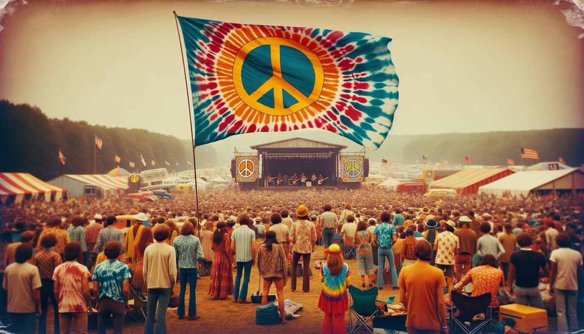 A large peace symbol flag waving over the Woodstock festival crowd
