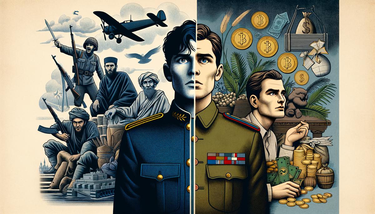 Split image contrasting Yossarian and Milo Minderbinder in their respective environments